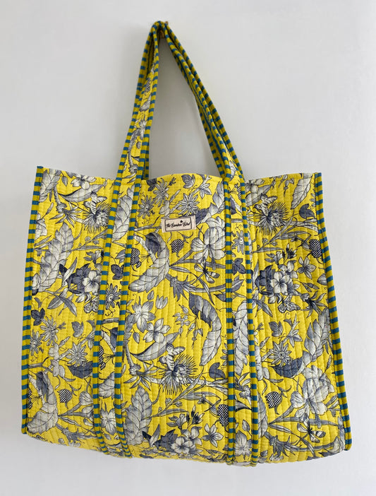 Bright Yellow and Grey Floral Quilted Tote Bag