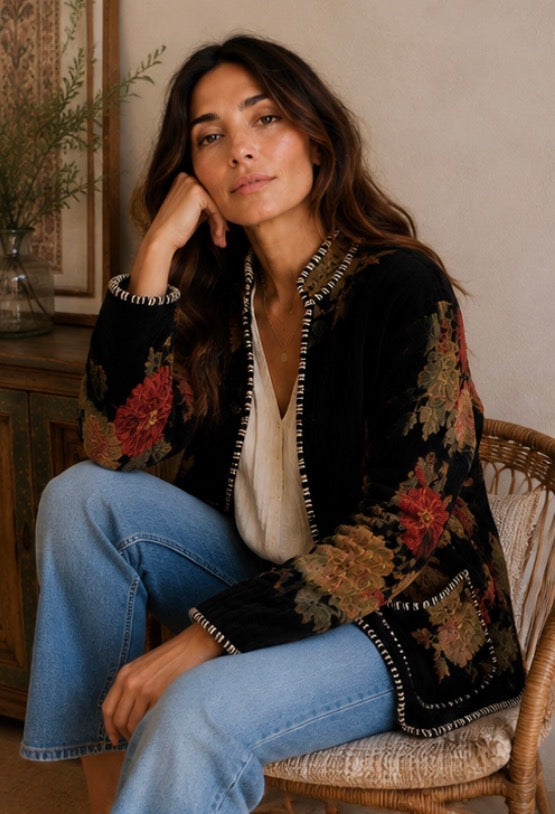 Black Velvet Jacket - Boho Floral Jacket