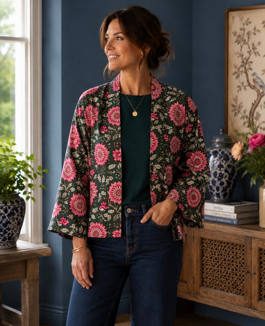 Cotton Kimono Jacket in Dark Green with Pink Flowers