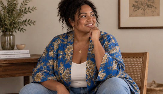 Bright Blue Kimono Jacket with Cream Flowers - Standard and Plus Size