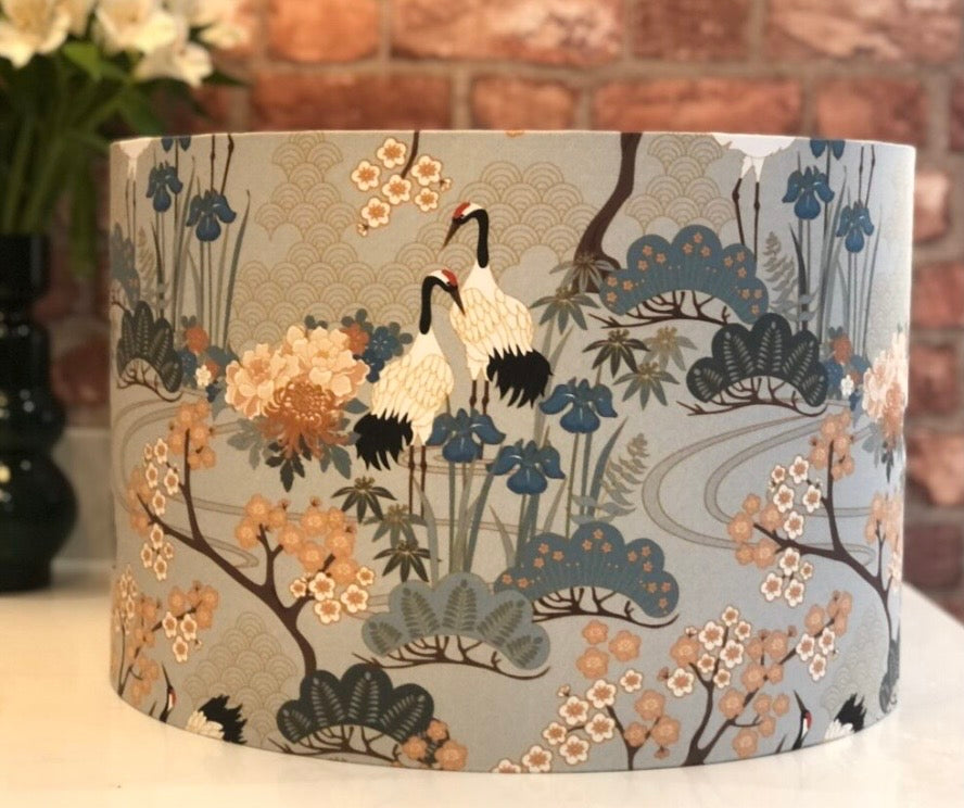 Silver Grey Japanese Crane and Cherry Blossom Lampshade