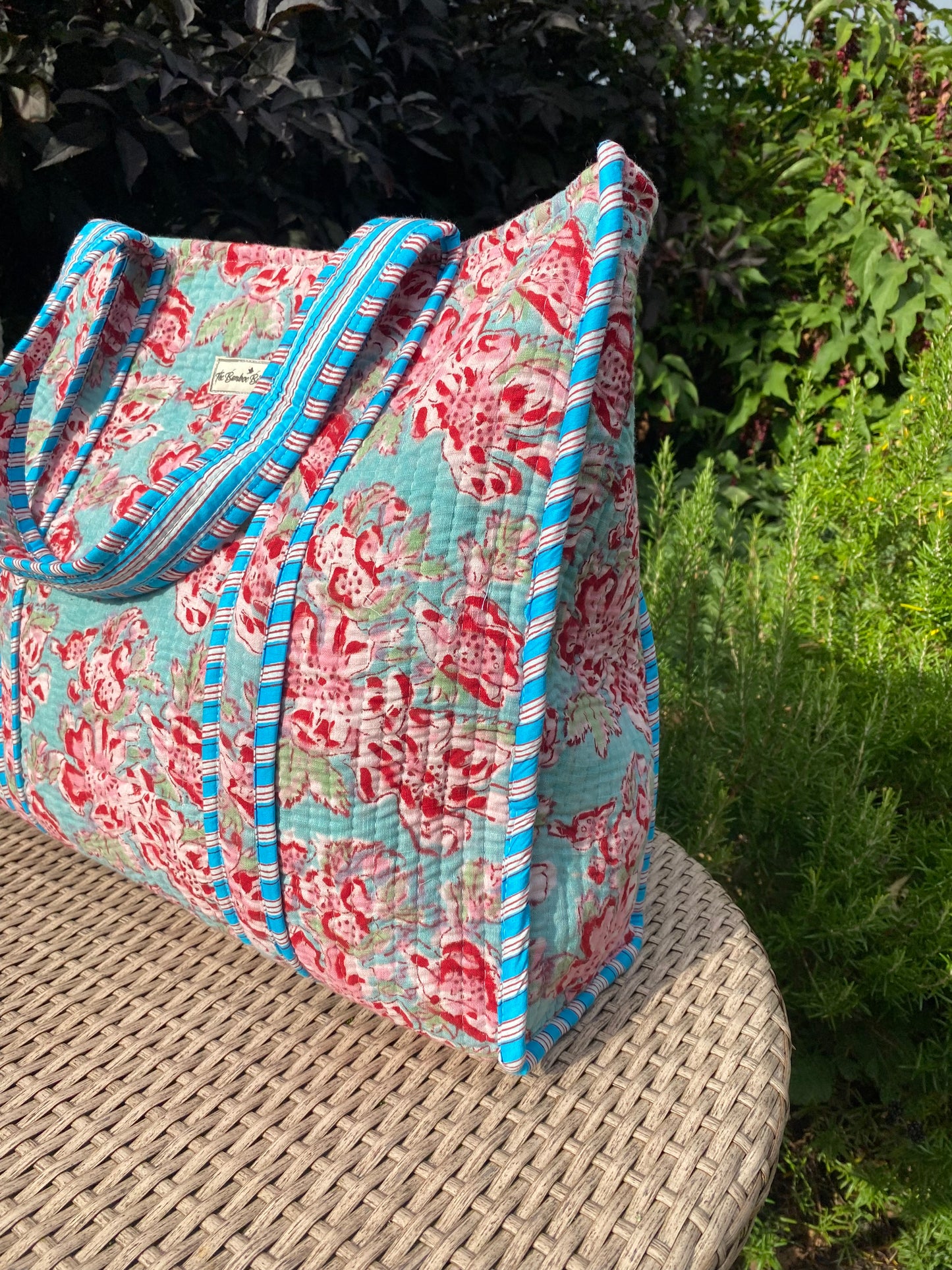 Turquoise and Pink Floral Quilted Tote Bag