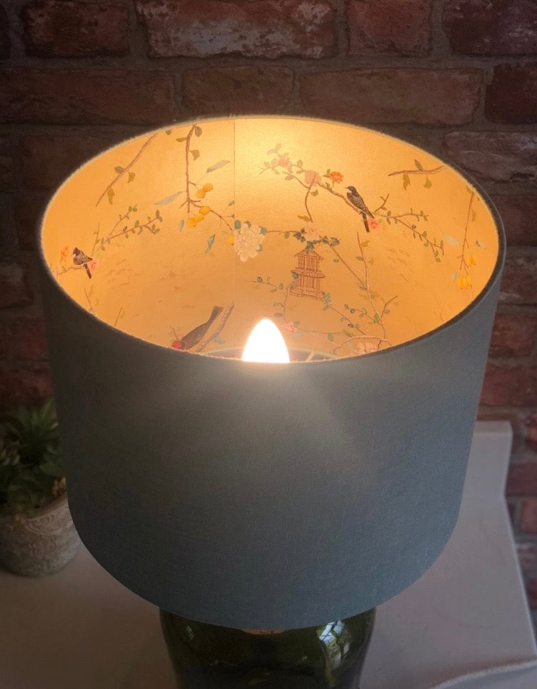 Eggshell Blue Lampshade with Gold Chinoiserie Bird Lining