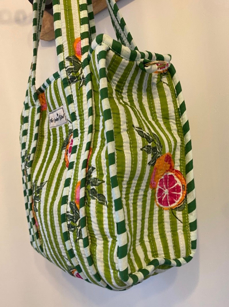 Mini Tote Bag - Green and White Grapefruit Stripe