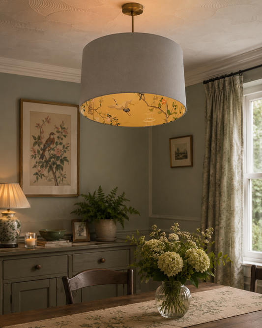 Natural Linen Chinoiserie Lampshade - Handmade Shade with Gold Bird Lining