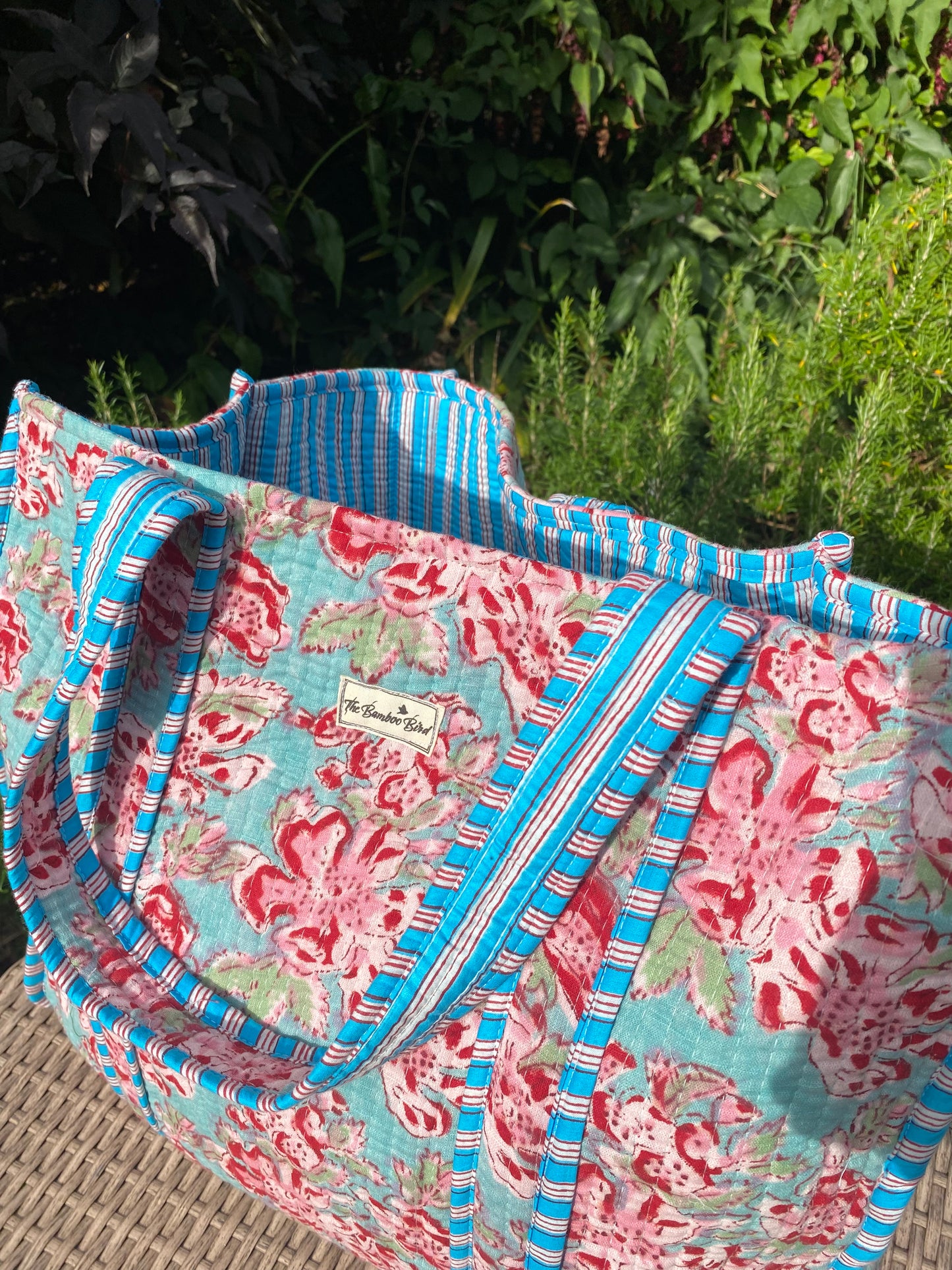 Turquoise and Pink Floral Quilted Tote Bag