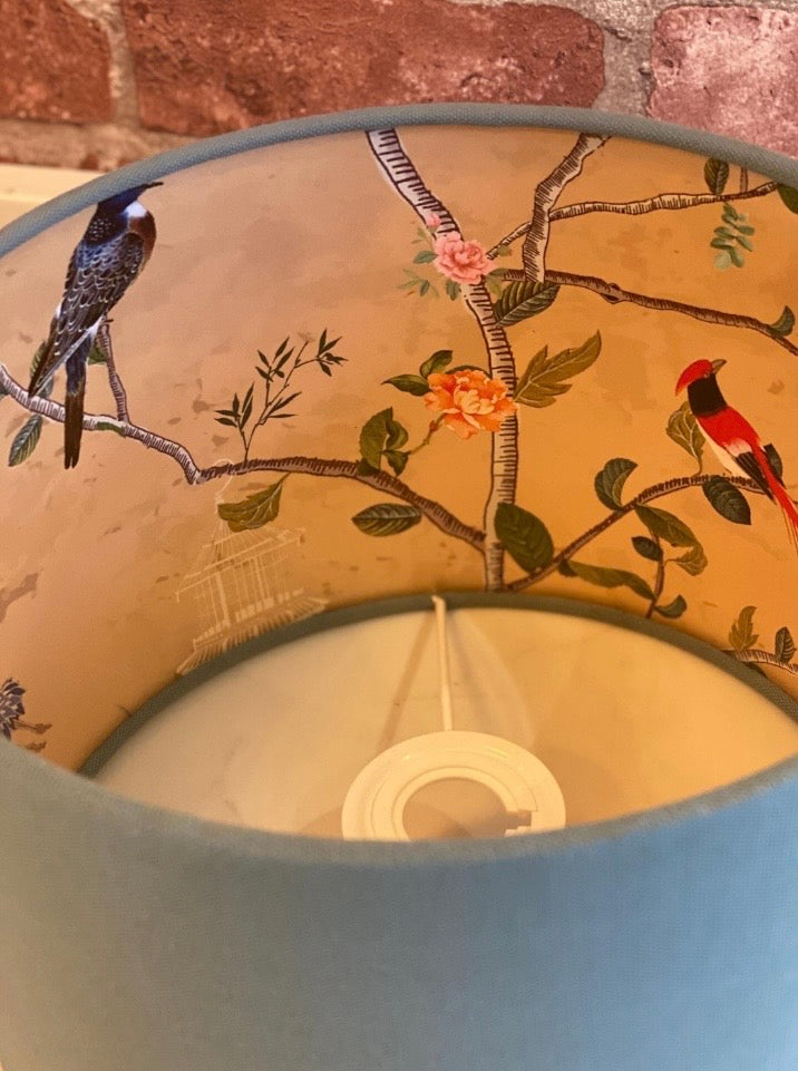 Eggshell Blue Lampshade with Gold Chinoiserie Bird Lining