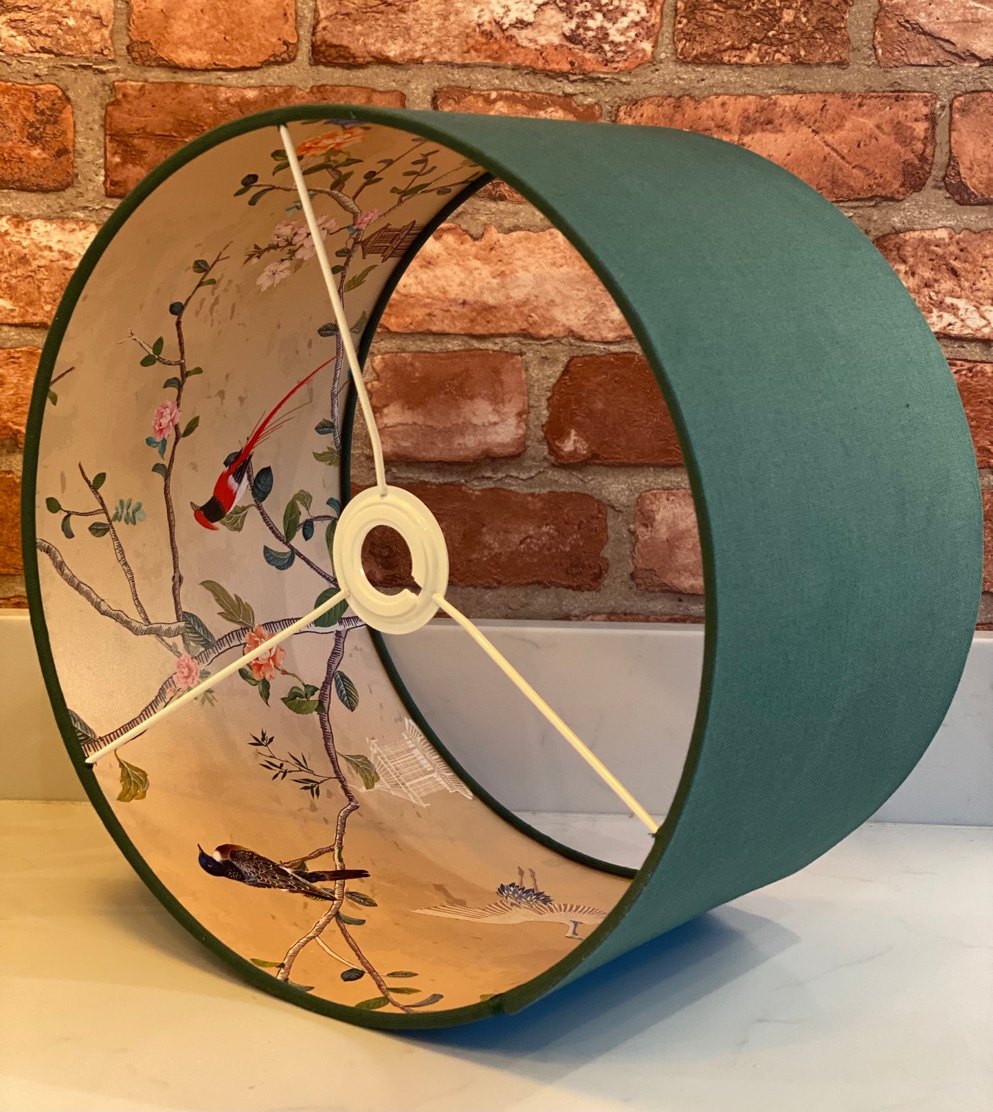 Dark Green Lampshade with Gold Chinoiserie Bird Lining