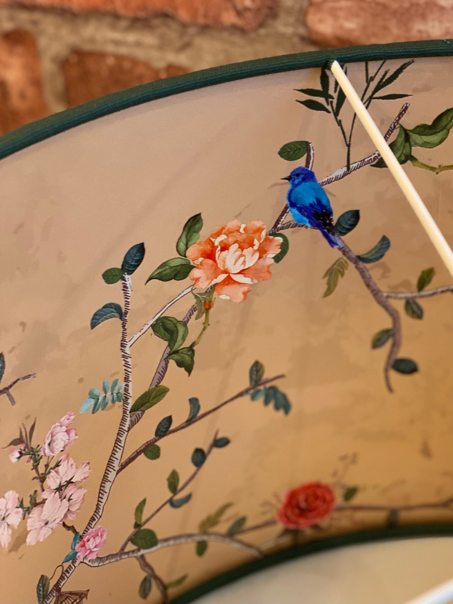Dark Green Lampshade with Gold Chinoiserie Bird Lining