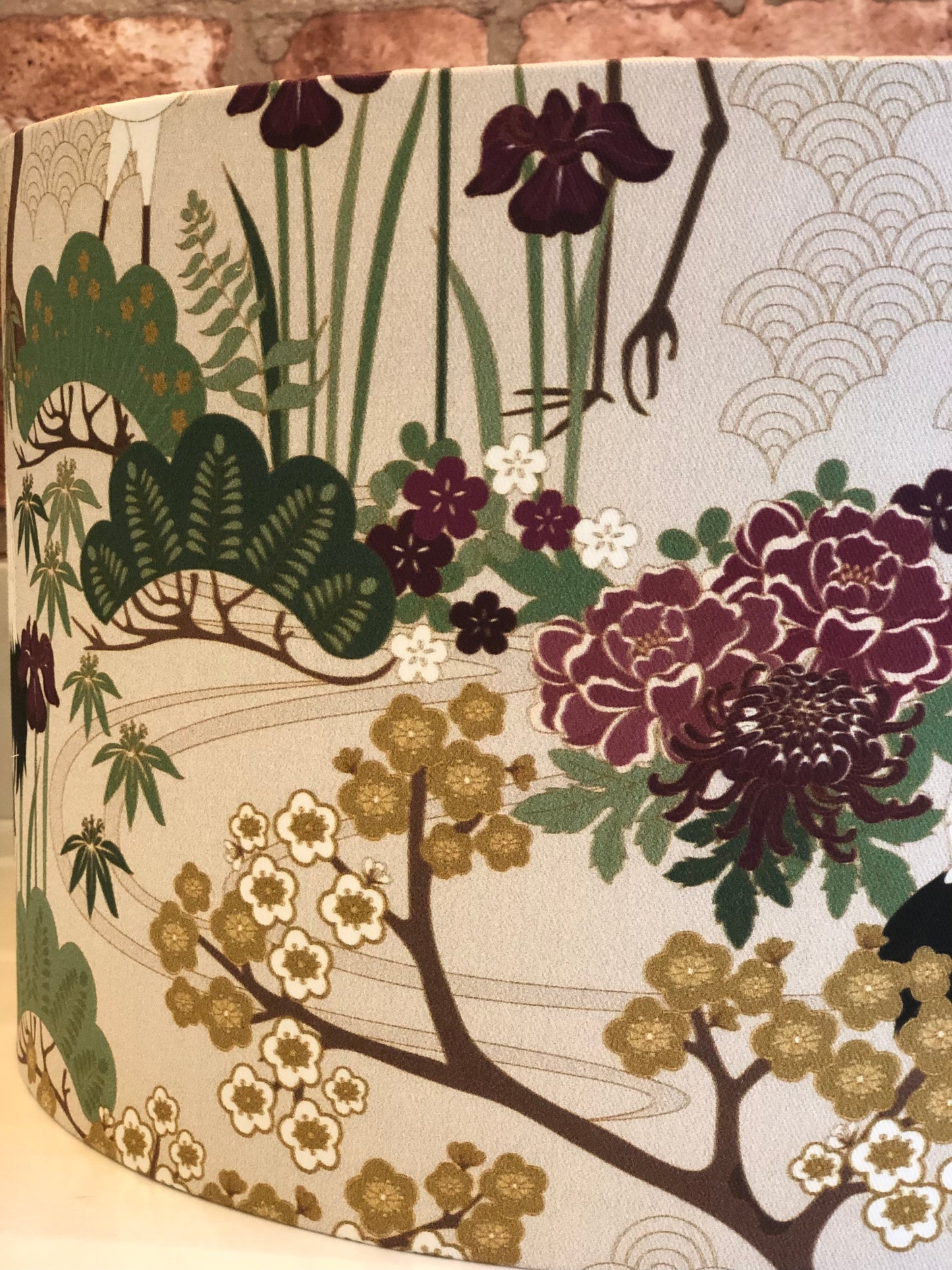 Green, Gold and Plum Japanese Crane and Cherry Blossom Lampshade