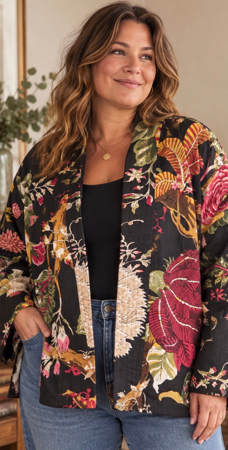 Plus Size Black Kimono Jacket - Long Cotton Jacket