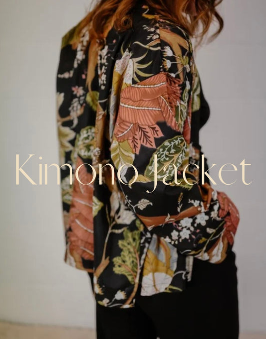 Black Kimono Jacket with Yellow and Green Flowers