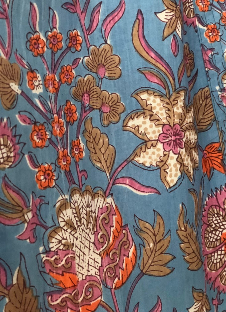 Cotton Kimono jacket in pale blue with pink, fawn, orange and white flowers