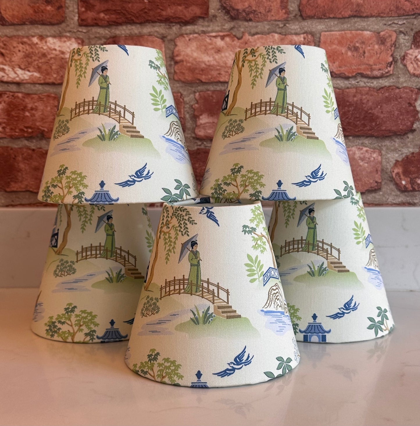 Clip-on Blue and Green Chinoiserie Crane Lampshade for Wall Lights, Chandeliers and Small Lamps