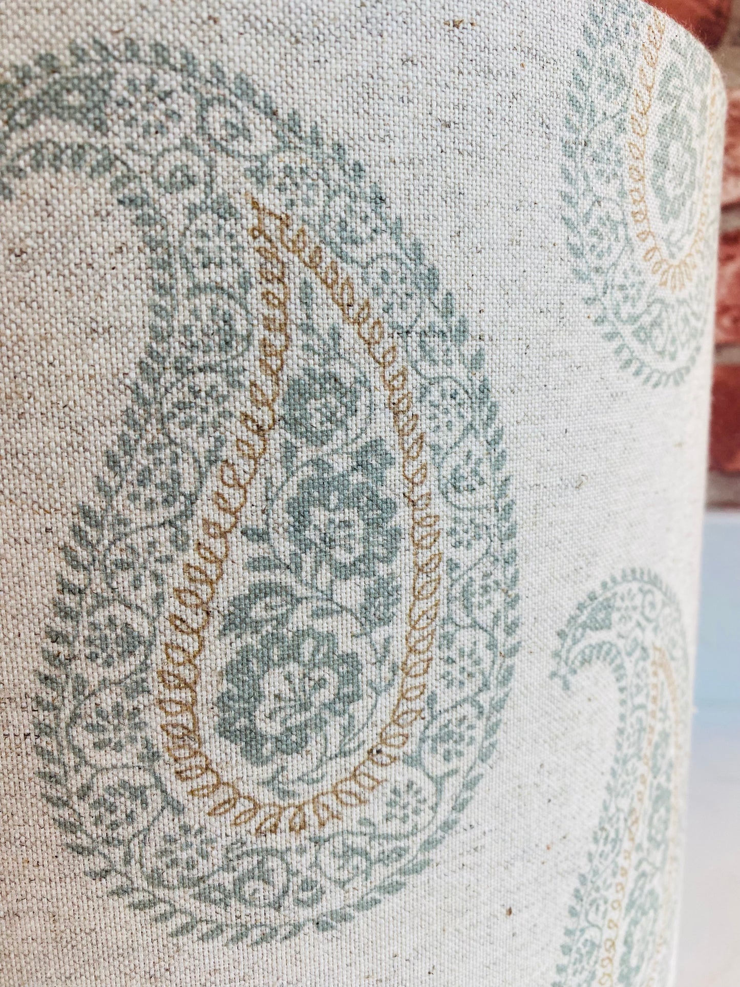 Block Print Linen Lampshade in Duck Egg Blue and Fawn with Brushed Gold Lining