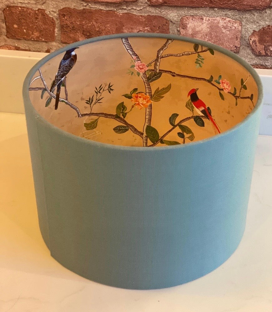 Eggshell Blue Lampshade with Gold Chinoiserie Bird Lining
