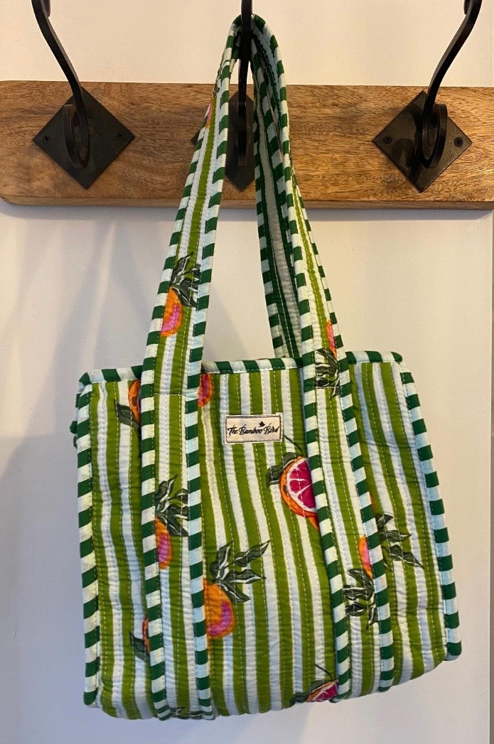Mini Tote Bag - Green and White Grapefruit Stripe