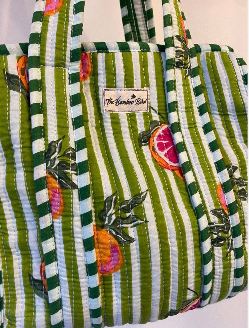 Mini Tote Bag - Green and White Grapefruit Stripe
