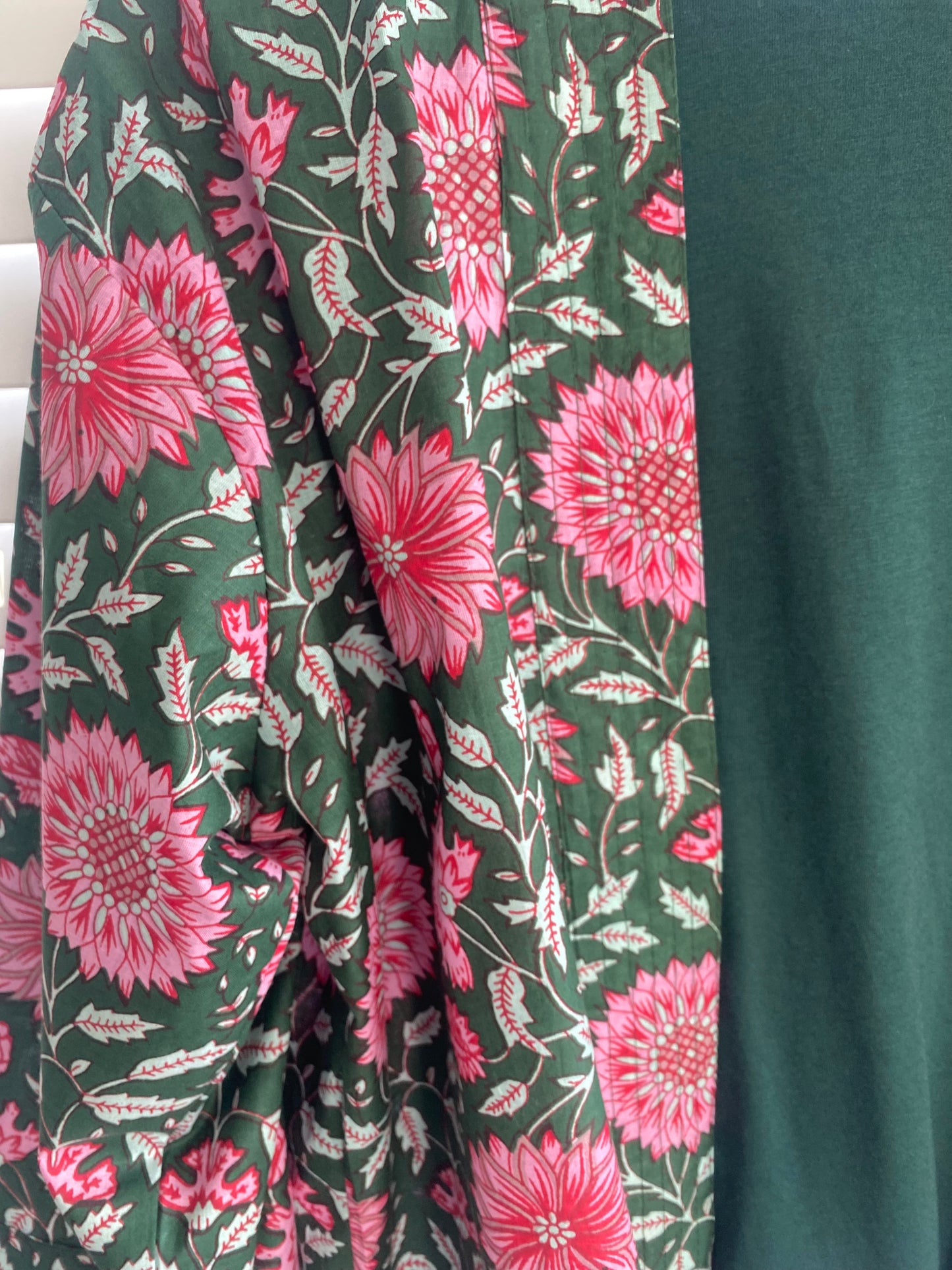 Cotton Kimono Jacket in Dark Green with Pink Flowers