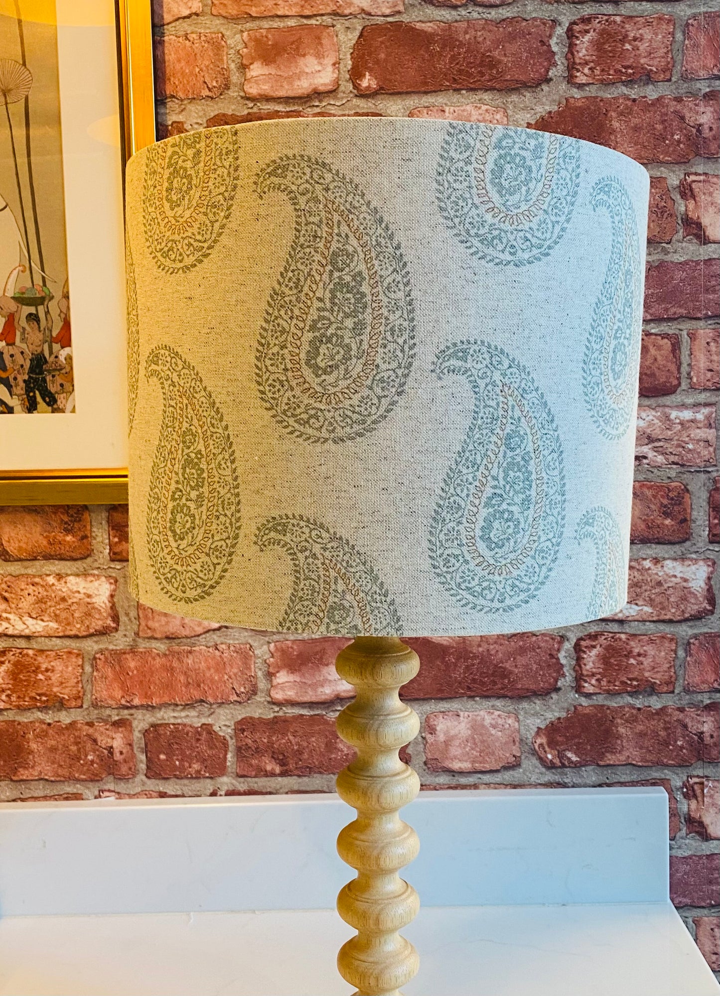 Block Print Linen Lampshade in Duck Egg Blue and Fawn with Brushed Gold Lining