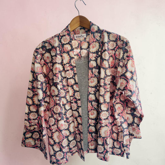 Cotton Kimono Jacket in Dark Blue with Pink Flowers