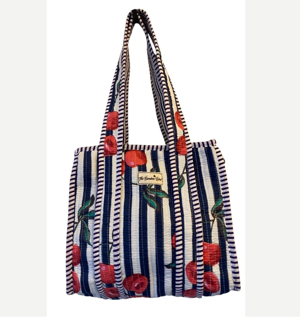 Mini Tote Bag - Blue and White Cherry Stripe