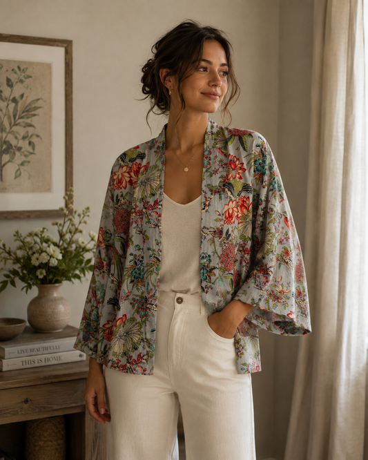 Pale Blue Chinoiserie Kimono Jacket with Birds and Flowers