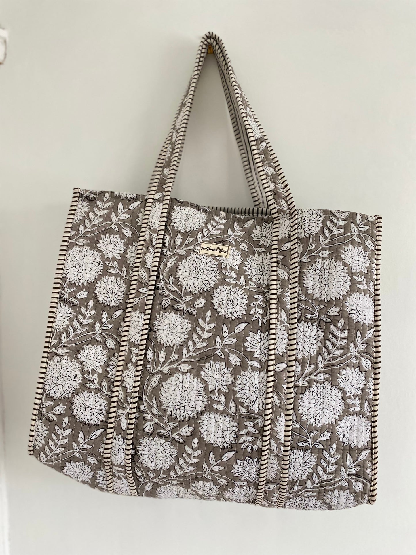 Grey Floral Quilted Tote Bag