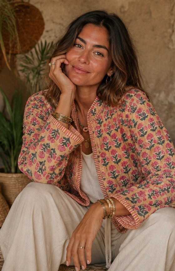 Floral Quilted Cotton Jacket - Pink and Golden Cream