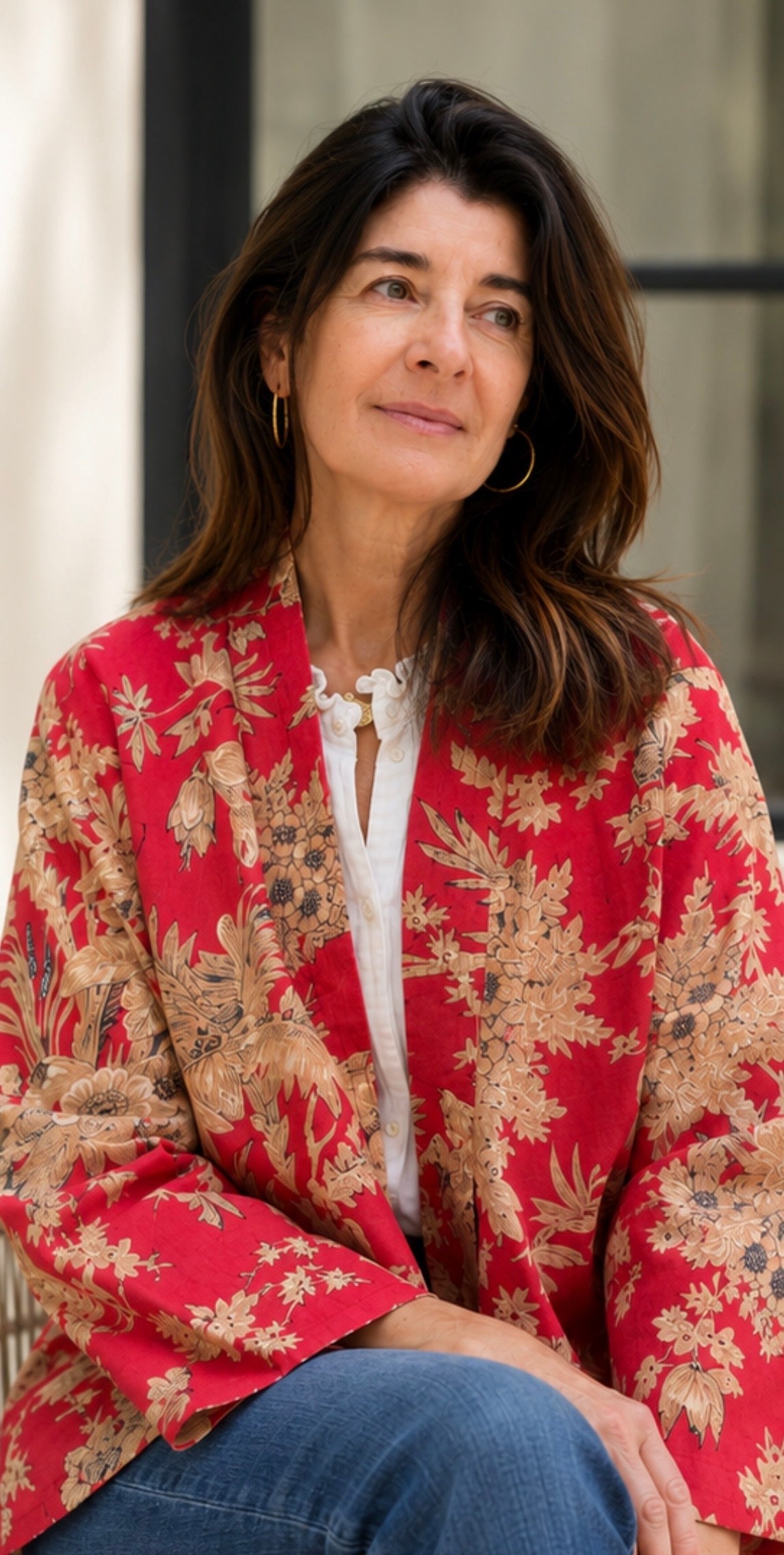 Red Kimono Jacket with Cream Flowers
