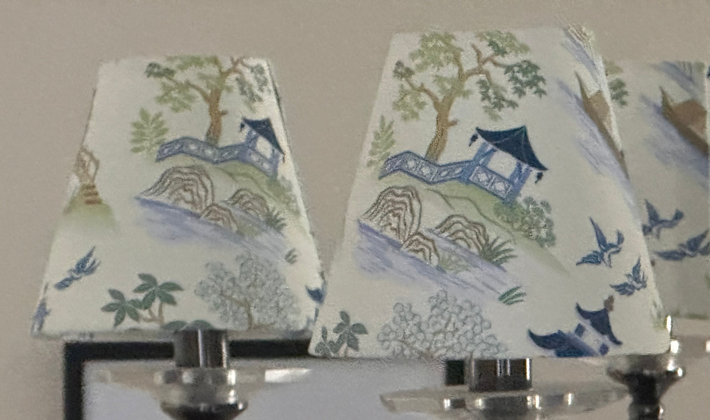 Clip-on Blue and Green Chinoiserie Crane Lampshade for Wall Lights, Chandeliers and Small Lamps
