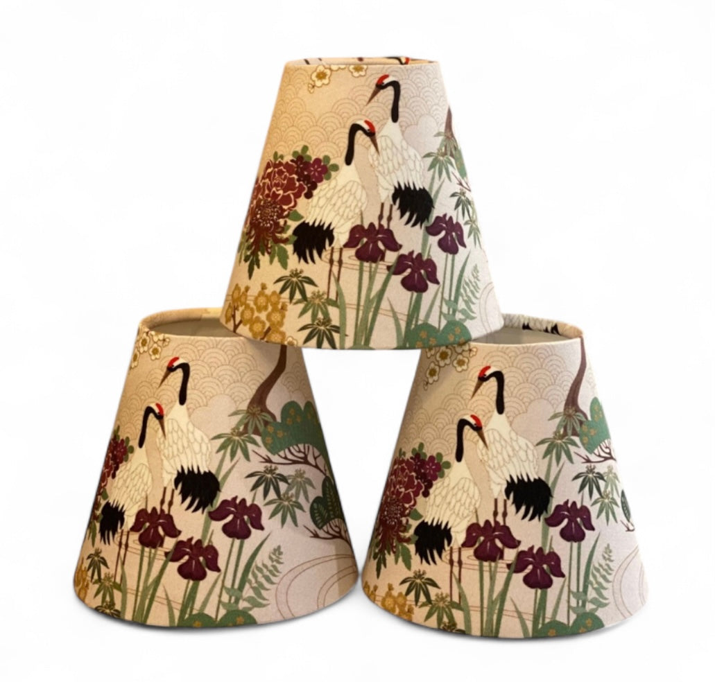 Clip-on Japanese Crane Lampshades in Blue/Grey, Sage and Cream/Plum for Wall Lights and Chandeliers