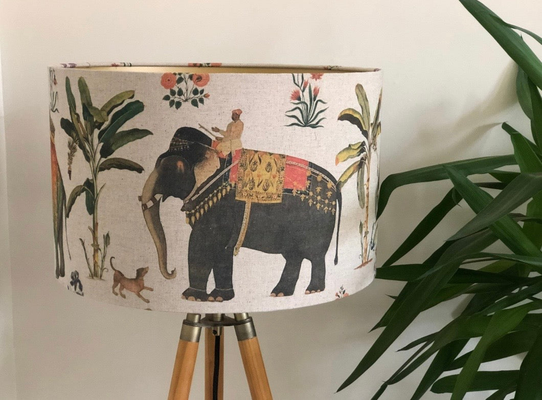 Indian Maharaja and Elephant Linen Drum Lampshade in Cream