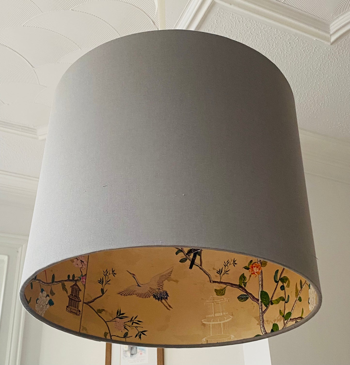 Grey Lampshade with Gold Chinoiserie Bird Lining