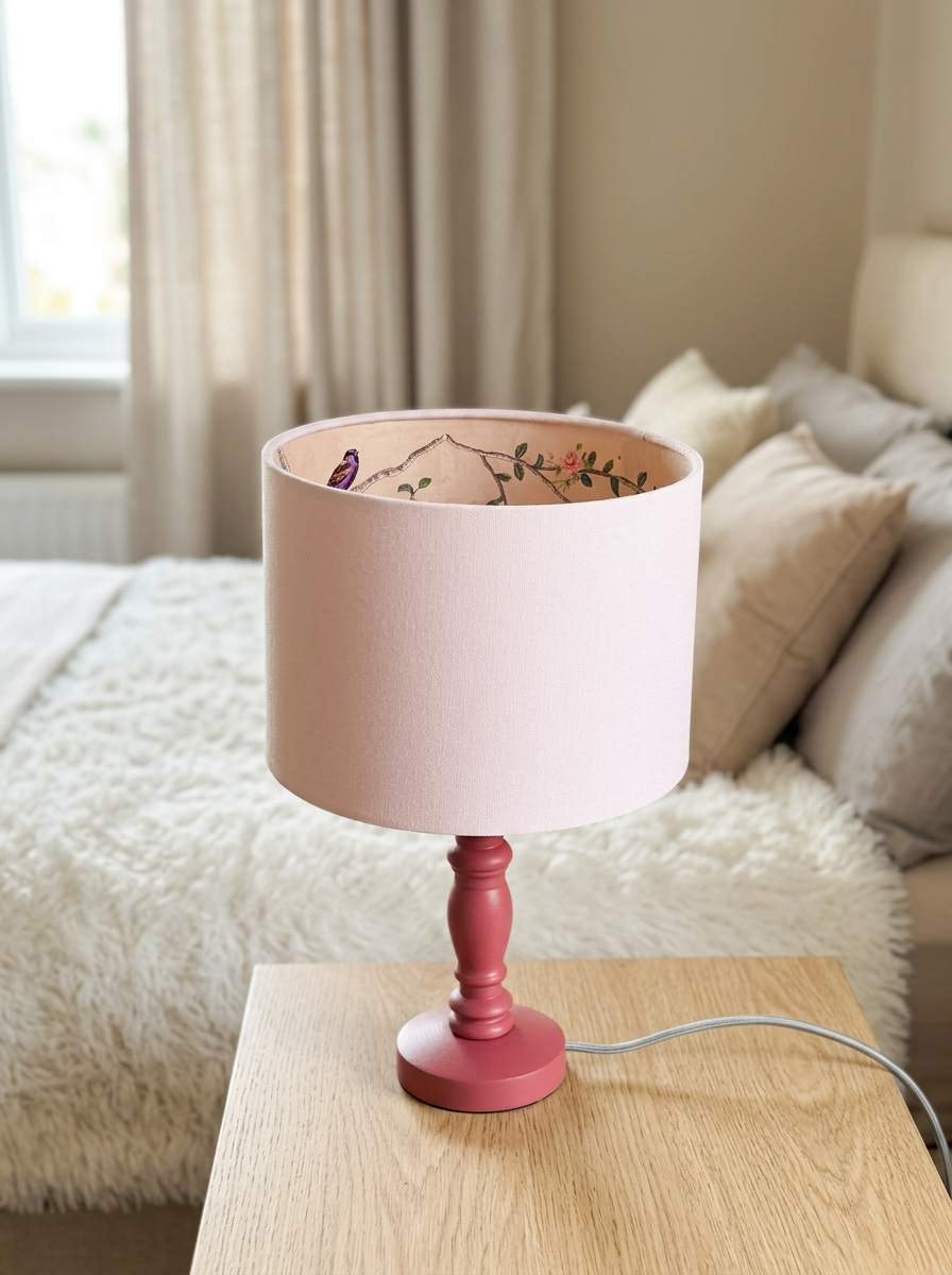 Pale Pink Lampshade with Gold Chinoiserie Bird Lining | Luxury Handmade Drum Lampshade