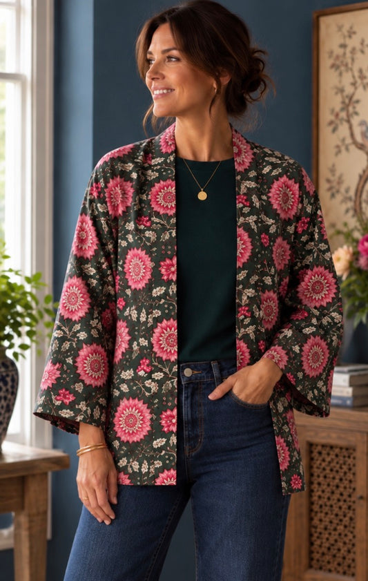 Cotton Kimono Jacket in Dark Green with Pink Flowers