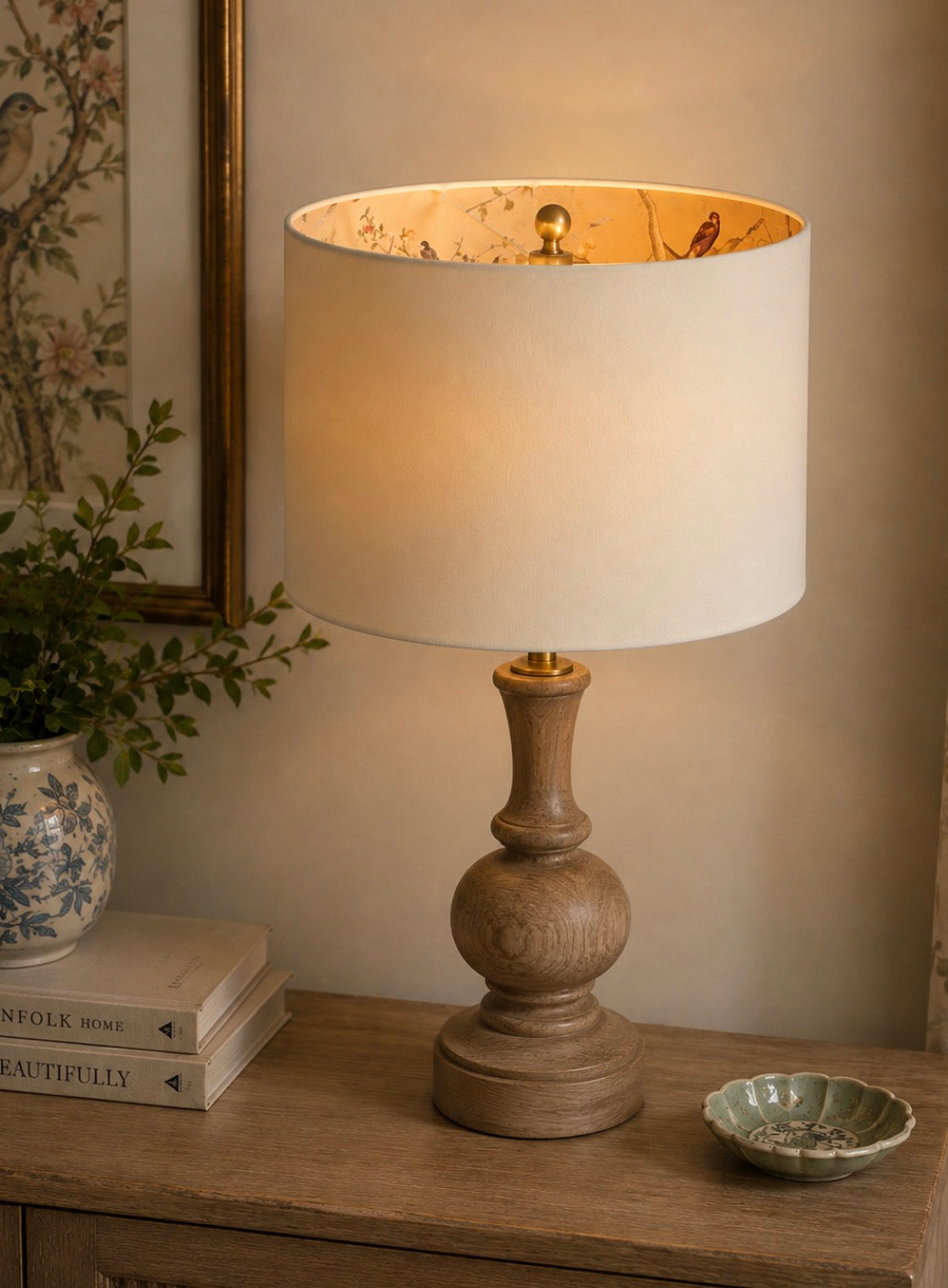 Cream Chinoiserie Lampshade - Handmade Linen Drum Shade with Gold Bird Lining