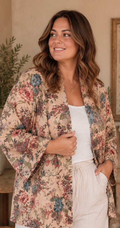 Pale Pink Chinoiserie Kimono Jacket with Birds and Flowers - Standard and Plus Size