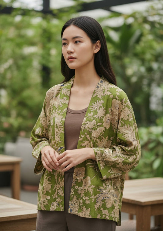 Olive green kimono jacket on model with cream flowers
