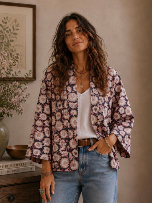 Cotton Kimono Jacket in Dusky Blue with Pink Flowers