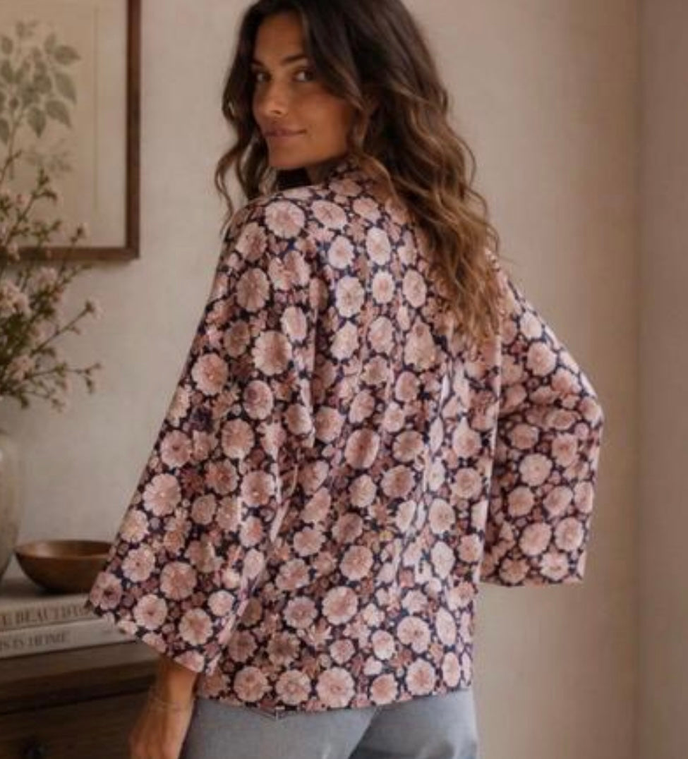 Cotton Kimono Jacket in Dusky Blue with Pink Flowers