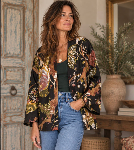 Black Kimono Jacket with Yellow and Green Flowers