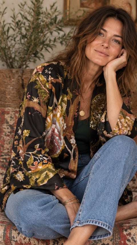 Black Kimono Jacket with Yellow and Green Flowers