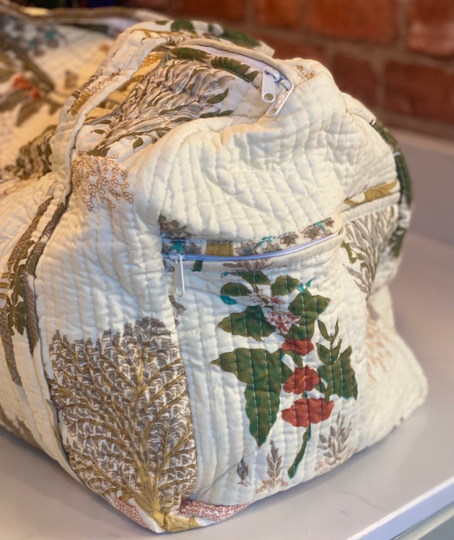 Cream Palm Tree Quilted Weekend Duffel Bag - Stylish Travel Bag | The Bamboo Bird