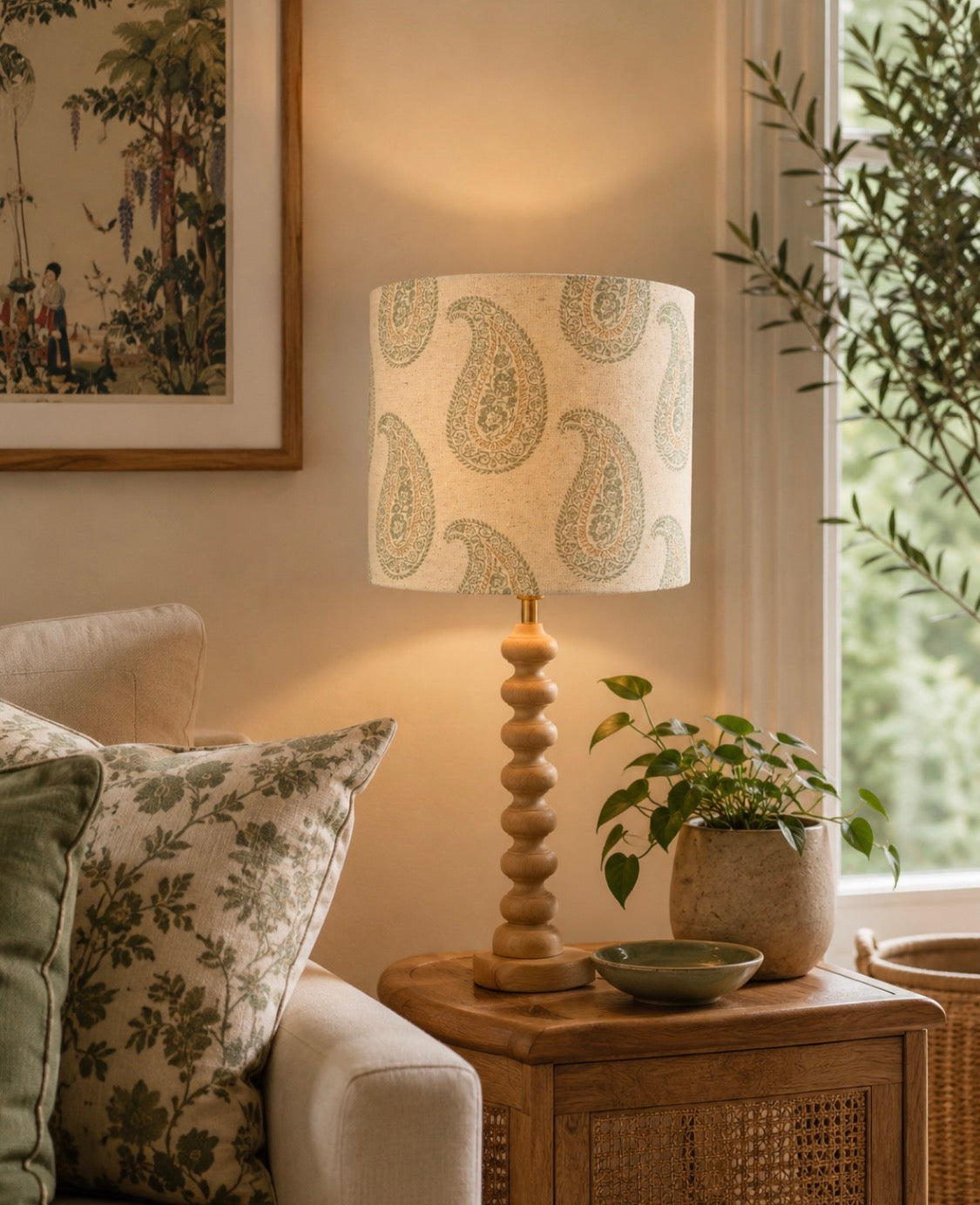 Block Print Linen Lampshade in Duck Egg Blue and Fawn with Brushed Gold Lining