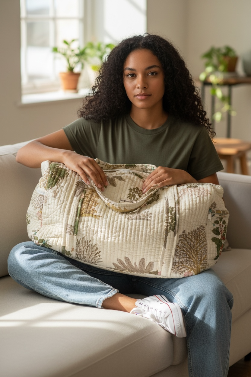 Cream Palm Tree Quilted Weekend Duffel Bag - Stylish Travel Bag | The Bamboo Bird