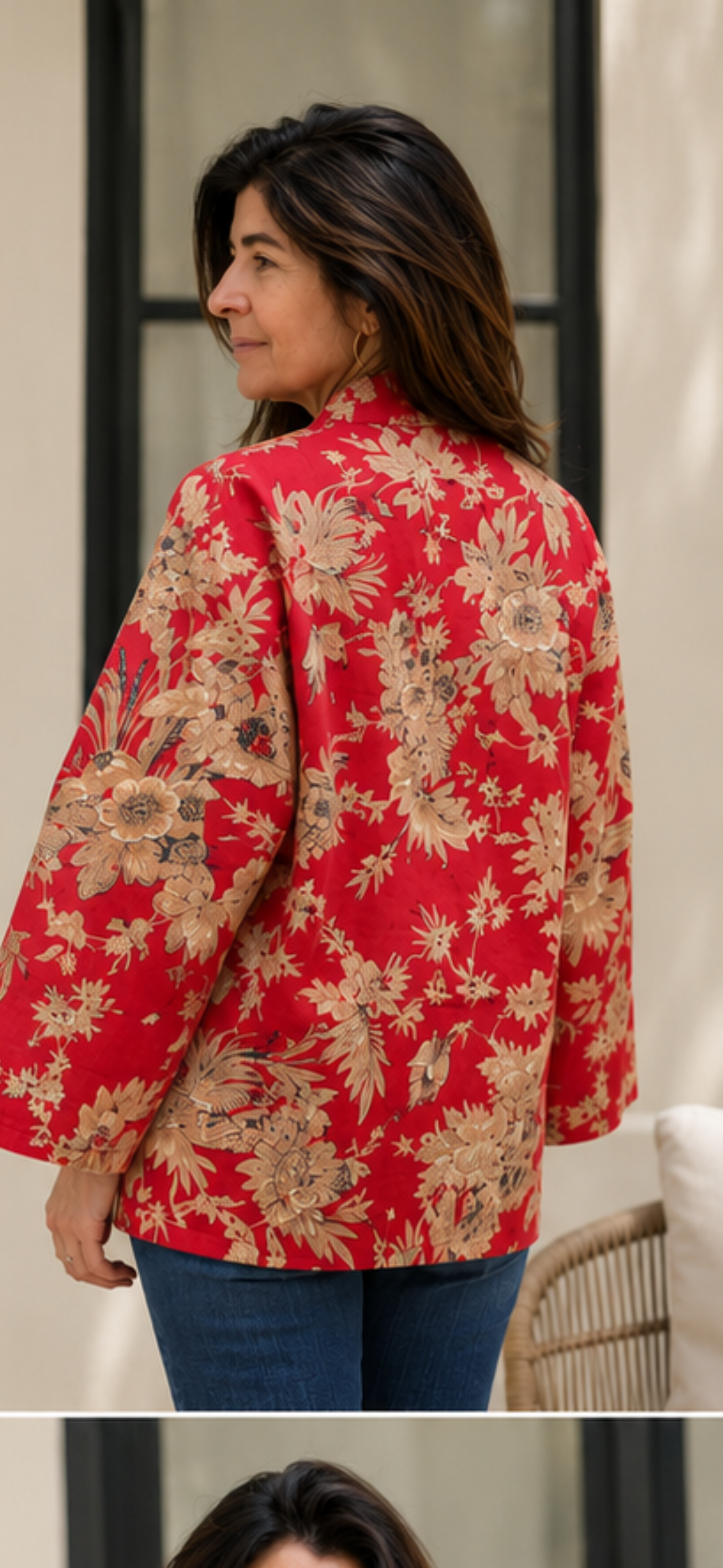 Red Kimono Jacket with Cream Flowers