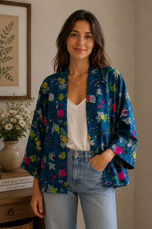 Cotton Kimono jacket in bright blue with yellow, pink and green flowers