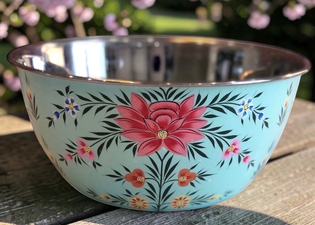 The Bamboo Bird hand-painted stainless steel and enamel bowl in light blue with floral Kashmiri art design