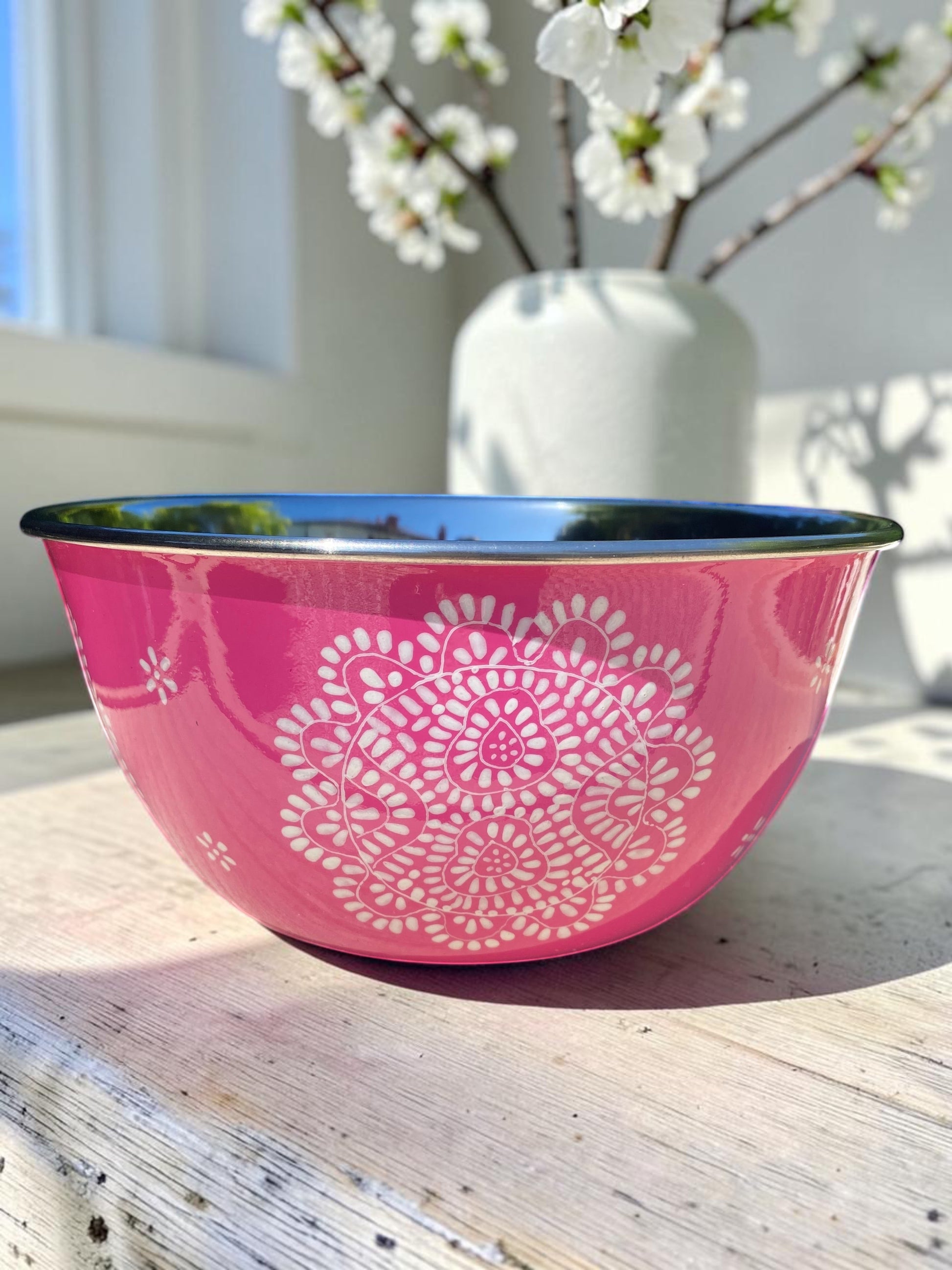 The Bamboo Bird hand-painted pink stainless steel and enamel bowl with white floral mandala design